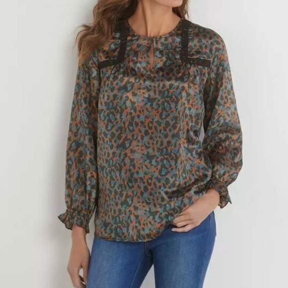 Soft Surroundings Gianna Copper Teal Black Cheetah Print Top Blouse Size L - Picture 3 of 7